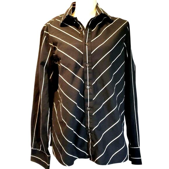 Kenneth Cole Top Size M Black & Gray Striped 100% Cotton Retro Classic Button Up - Picture 1 of 8